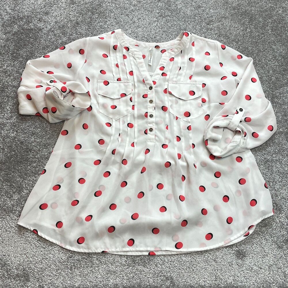NY Collection Blouse Shirt womens 1X White Red Polka Dot Roll Tab Sleeve Light